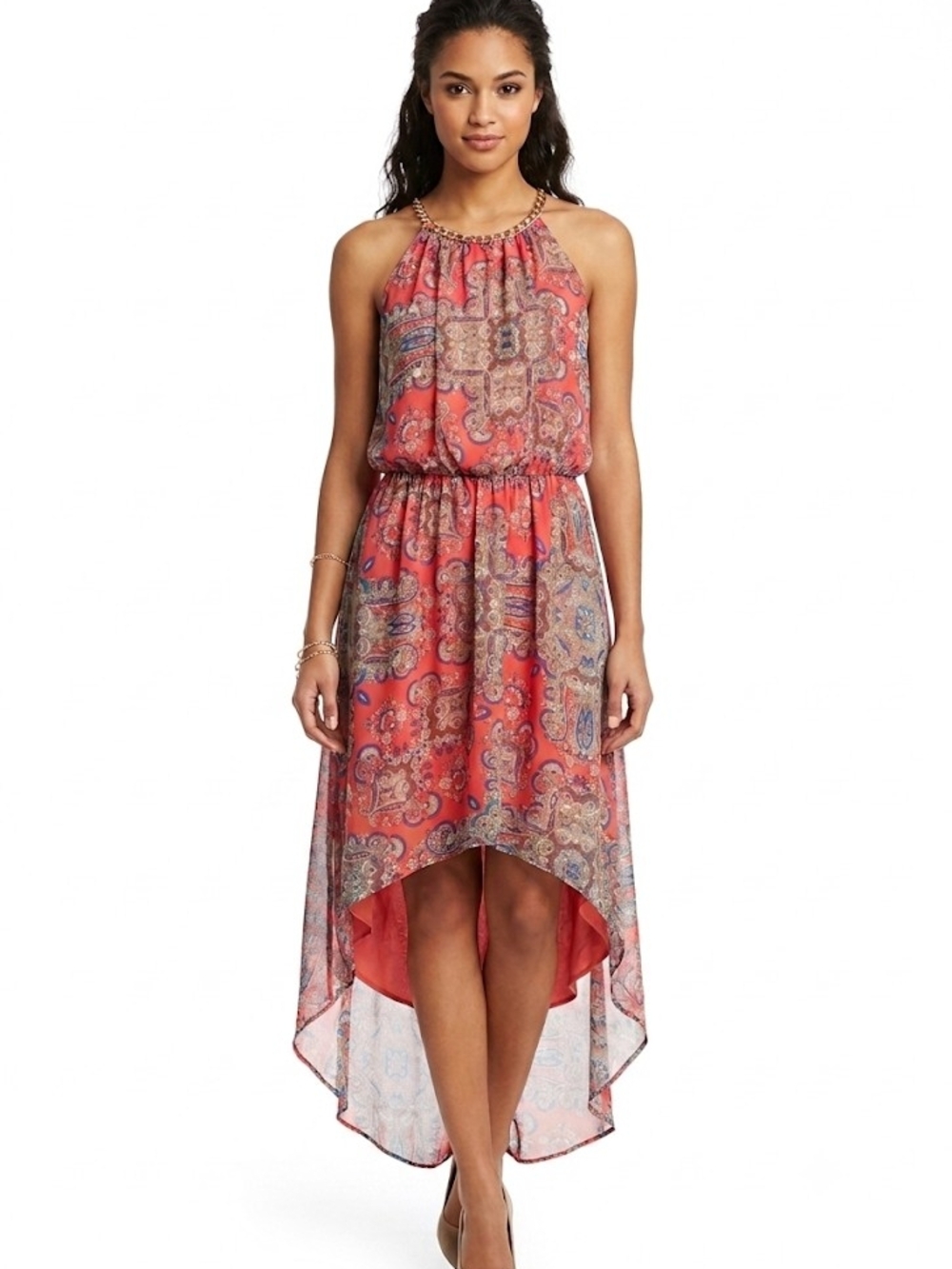 Charlotte Russe Coral Paisley High-Low Halter Dress